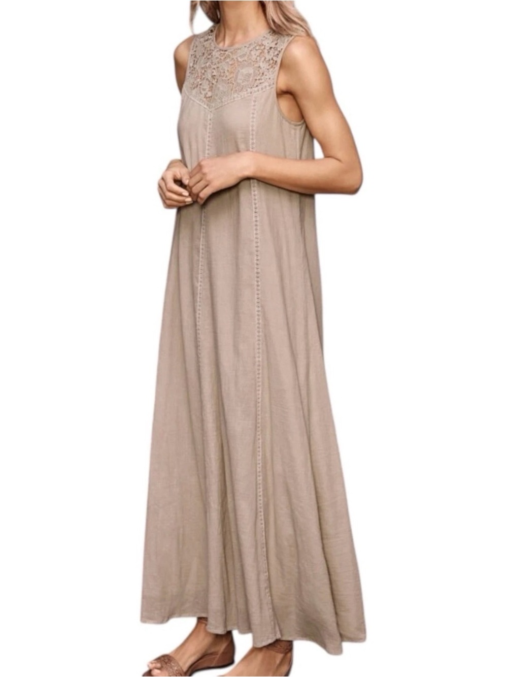 Garnet Hill Tan Lace Yoke Crinkle Gauze Maxi Dress Sleeveless Size 14